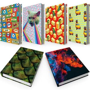 stretchable, easy apply book covers 6 pack of fun designs. jumbo jackets fit most hardcover textbooks up to 9 x 11″. adhesive-free, nylon fabric protectors. washable and reusable student school supply