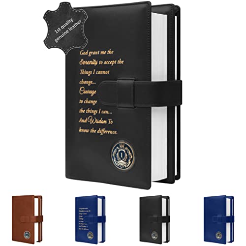 Genuine Leather Double AA Big Book Cover & 12 Steps & 12 Traditions | Medallion Holder | by Galileo | Perfect Gift | Alcoholics Anonymous (Genuine Leather, Black/Serenity Prayer)