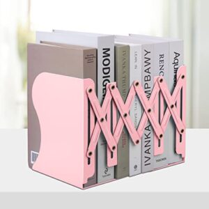 adjustable bookends, metal book ends for shelves heavy book, desk magazine file organizer for home, office, books, papers, extends up to 19 inches (pink)