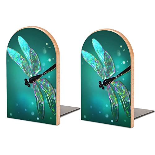 IMXBTQA Exquisite Printed Bookends,Glass Dragonfly Green Heavy Duty Wood + Metal Book Ends Supports Desktop Books Organizer Book Cds Storage for Office School Library Home, One Size