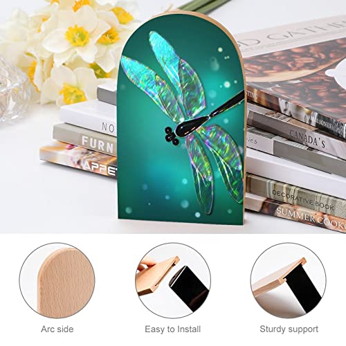 IMXBTQA Exquisite Printed Bookends,Glass Dragonfly Green Heavy Duty Wood + Metal Book Ends Supports Desktop Books Organizer Book Cds Storage for Office School Library Home, One Size