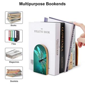 IMXBTQA Exquisite Printed Bookends,Glass Dragonfly Green Heavy Duty Wood + Metal Book Ends Supports Desktop Books Organizer Book Cds Storage for Office School Library Home, One Size