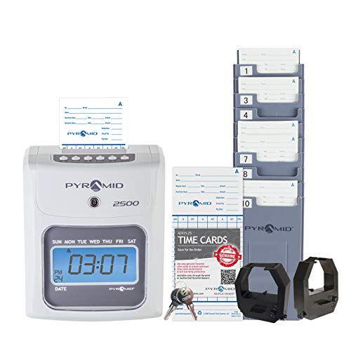 Pyramid Time Systems 2500K1 Bundle, Includes Model 2500 Auto Aligning and Top Loading Time Clock, 100 time Cards, Two Ink Ribbon cartridges, one 10 Slot time Card Rack and Two Security Keys