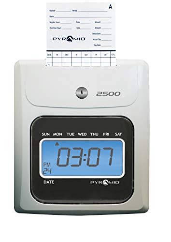 Pyramid Time Systems 2500K1 Bundle, Includes Model 2500 Auto Aligning and Top Loading Time Clock, 100 time Cards, Two Ink Ribbon cartridges, one 10 Slot time Card Rack and Two Security Keys