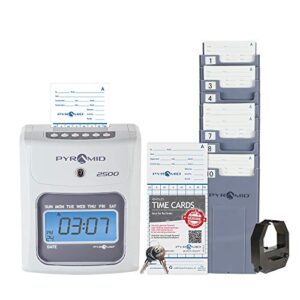 pyramid time systems 2500 small business time clock bundle with 100 time cards, 1 ribbon, 1 time card rack, 2 security keys – no employee limit, ivory
