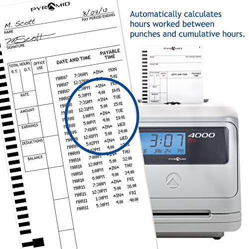 Pyramid Time Systems 4000PROK Auto Totaling Time Clock Bundle,125 Time Cards, 1 Extra Ribbon, 1 Time Card Rack, 2 Keys, Handles up to 50 Employees, Made in The USA