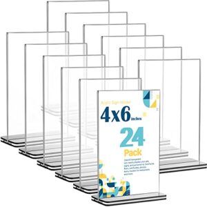 24 pack acrylic sign holder 4 x 6 inch clear table sign holder double sided t shape plastic desktop display holder vertical menu stand business store sign holders for wedding school office hotel party