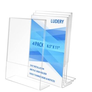 ludery acrylic sign holder 8.5 x 11, vertical slanted back sign holder , acrylic stands for display 8.5 x 11, tabletop sign holder for for home, office, store, restaraunt – 4pack (4)