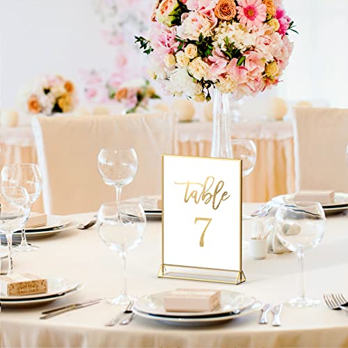 NIUBEE 6Pack 4 x 6 Clear Acrylic Sign Holder with Gold Borders and Vertical Stand, Double Sided Table Menu Holders Picture Frames for Wedding Table Numbers, Restaurant Signs, Photos and Art Display