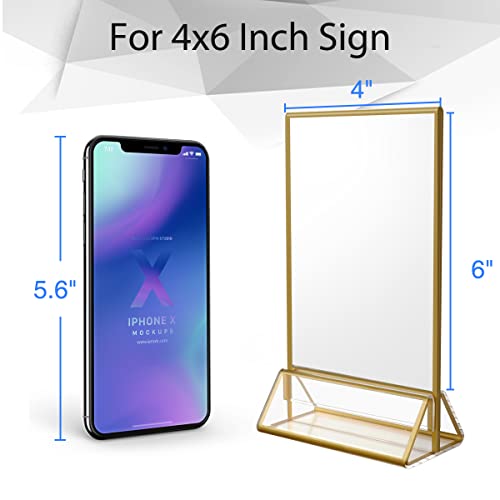 NIUBEE 6Pack 4 x 6 Clear Acrylic Sign Holder with Gold Borders and Vertical Stand, Double Sided Table Menu Holders Picture Frames for Wedding Table Numbers, Restaurant Signs, Photos and Art Display