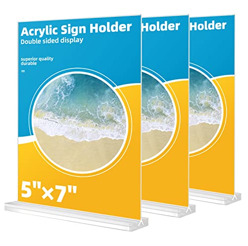 3 Pack Acrylic Sign Holder, 5 x 7 inches Clear Table Menu Display Stand Desktop Display Stand Paper Holder Table Top Sign Holder Suitable for Restaurants, Office, Home, Store