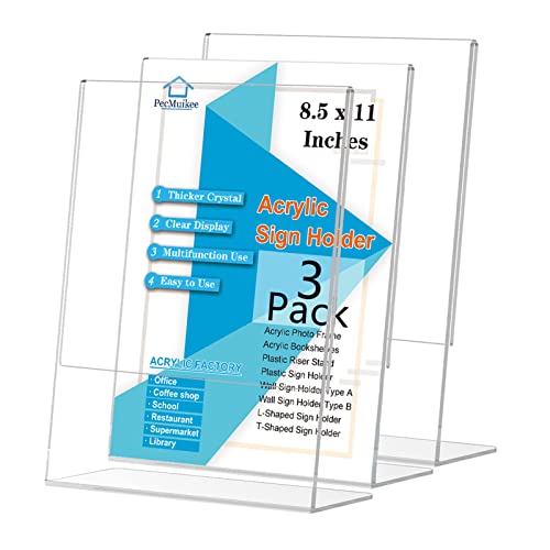 PecMuikee Acrylic Sign Holder 8.5x11, Desktop Slant Back Acrylic Sign Holder and Plastic L Shape Paper Display Stand for Restaurants, Office, Market, Library, Store, 3 Pcs