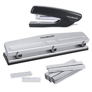 haushof desktop stapler and 3-hole punch set with 5000-piece staples and staple remover, office supplies compatible with 26/6 and 24/6 staples