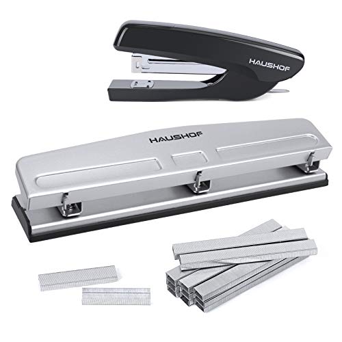 HAUSHOF Desktop Stapler and 3-Hole Punch Set with 5000-Piece Staples and Staple Remover, Office Supplies Compatible with 26/6 and 24/6 Staples