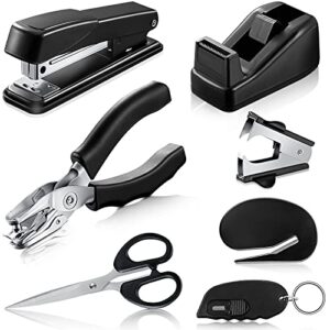 7-piece black desk accessory kit includes desktop stapler, stapler remover, single hole punch, tape dispenser, stainless steel scissors, small telescopic knife and envelope slitter mail opener