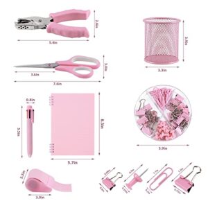 Pink Office Supplies Kit, 14 Piece Desk Accessory Kit Stapler and Tape Dispenser Set Includes Desktop Staple, Stapler Remove, Single Hole Punch, Tape Dispenser, Tape Measure, Scissors, Pen Holder