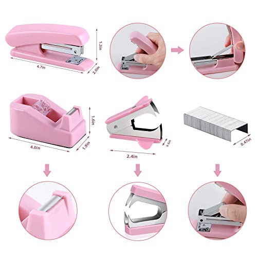 Pink Office Supplies Kit, 14 Piece Desk Accessory Kit Stapler and Tape Dispenser Set Includes Desktop Staple, Stapler Remove, Single Hole Punch, Tape Dispenser, Tape Measure, Scissors, Pen Holder