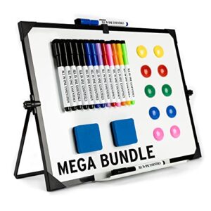 double sided dry erase board with stand – 16 x 12 inch desktop whiteboard comes with 15 magnetic markers, 10 magnets, 2 magnetic erasers, corner protectors, rubber supports & more, premium black frame