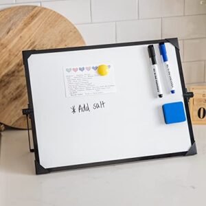 Double Sided Dry Erase Board with Stand - 16 X 12 Inch Desktop Whiteboard Comes with 15 Magnetic Markers, 10 Magnets, 2 Magnetic Erasers, Corner Protectors, Rubber Supports & More, Premium Black Frame