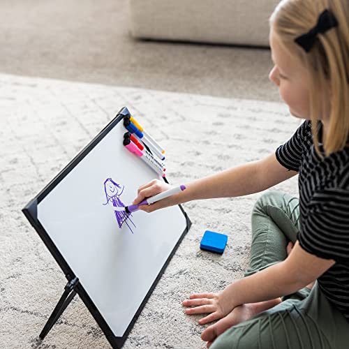 Double Sided Dry Erase Board with Stand - 16 X 12 Inch Desktop Whiteboard Comes with 15 Magnetic Markers, 10 Magnets, 2 Magnetic Erasers, Corner Protectors, Rubber Supports & More, Premium Black Frame