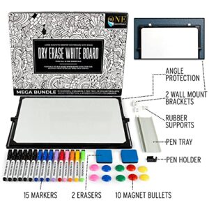 Double Sided Dry Erase Board with Stand - 16 X 12 Inch Desktop Whiteboard Comes with 15 Magnetic Markers, 10 Magnets, 2 Magnetic Erasers, Corner Protectors, Rubber Supports & More, Premium Black Frame