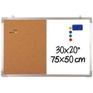 combination whiteboard bulletin board set – dry erase/cork board 30 x 20″ with 1 magnetic dry eraser, 4 markers, 4 magnets and 10 pins – big combo tack white board for home office cubicle desk