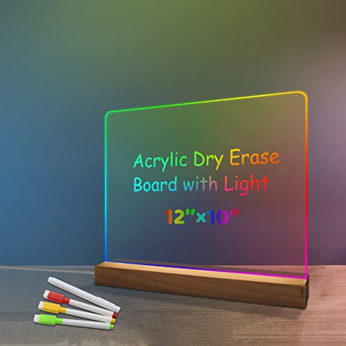 SHOOFFICE Acrylic Dry Erase Board with Light, 11.8 x 9.8" Acrylic Whiteboard with Stand for Desk, Acrylic Memo Tablet with 4 Markers for Office Home School, Color Changeing with 8 Lighting Modes