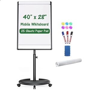 mobile whiteboard, magnetic dry erase board with stand 40×28 inch, height adjustable flipchart easel movable rolling stand white board on wheels with dry erase markers, magnets, eraser (black)