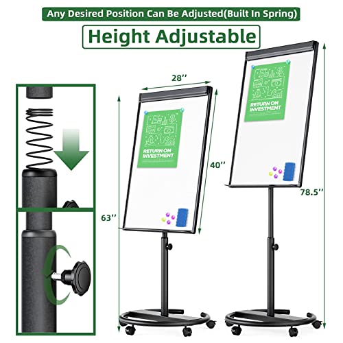 Mobile Whiteboard, Magnetic Dry Erase Board with Stand 40x28 inch, Height Adjustable Flipchart Easel Movable Rolling Stand White Board on Wheels with Dry Erase Markers, Magnets, Eraser (Black)