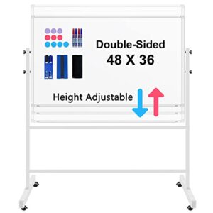 Rolling Magnetic Whiteboard 48" X 36",Mobile Whiteboard with Stand, Double-Sided & Height Adjustable White Board Dry Erase Board with Stand, Portable Standing Whiteboard On Wheels