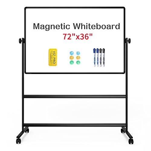 VIZ-PRO Double-Sided Magnetic Mobile Whiteboard, 72 x 36 Inches, Height Adjustable Rolling Dry Erase Board Black with 4 Markers, 6 Magnets, 1 Eraser and 2 Hooks