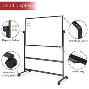 VIZ-PRO Double-Sided Magnetic Mobile Whiteboard, 72 x 36 Inches, Height Adjustable Rolling Dry Erase Board Black with 4 Markers, 6 Magnets, 1 Eraser and 2 Hooks