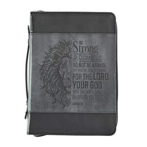 christian art gifts classic faux leather bible cover for men and women: be strong and courageous – joshua 1:9 inspirational bible verse with lion, gray and black, large