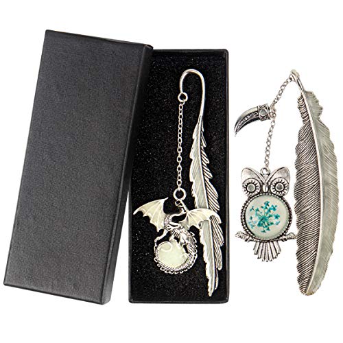 Vintage Feather Metal Bookmark, Unique Glow in The Dark Bookmark Gift for Men Women (Antique Silver Dragon)