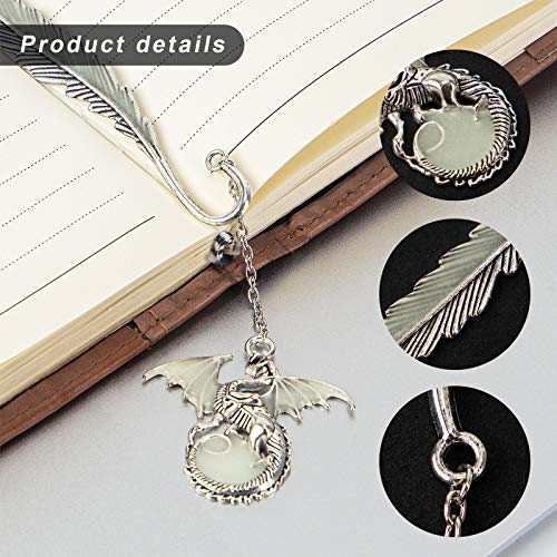 Vintage Feather Metal Bookmark, Unique Glow in The Dark Bookmark Gift for Men Women (Antique Silver Dragon)