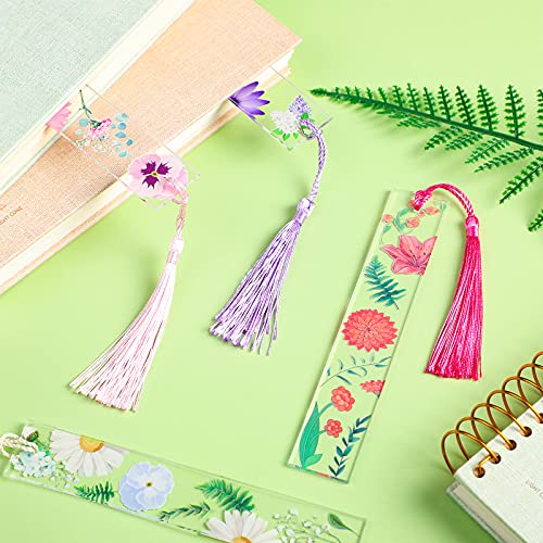 8 Sets Flower Acrylic Bookmarks Transparent Acrylic Bookmarks Cute Floral Bookmarks with Colorful Tassels for Women Teacher Kids Book Lovers, 8 Styles