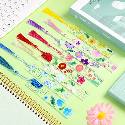 8 Sets Flower Acrylic Bookmarks Transparent Acrylic Bookmarks Cute Floral Bookmarks with Colorful Tassels for Women Teacher Kids Book Lovers, 8 Styles