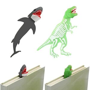2 pieces luminous bookmark giant shark bookmark cool 3d bookmarks 3d cartoon animal bookmark for kids boys girls men women, school supplies (dinosaur and shark style)