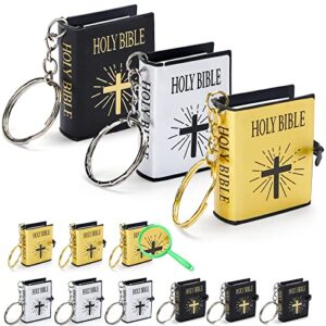 bible keychain, 12 pcs miniature real bible key chains handbag pendant xmas gift with magnifying glass