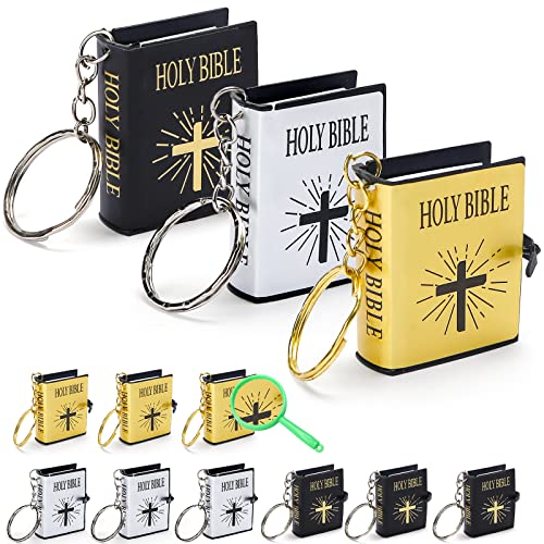 Bible Keychain, 12 PCS Miniature Real Bible Key Chains Handbag Pendant Xmas Gift with Magnifying Glass