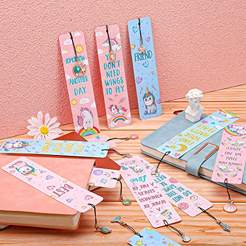 12 Pieces Unicorn and Rainbow Theme Bookmarks with 12 Pieces Metal Charms, Inspirational Quotes Bookmarker Unicorn Page Markers for School Reading Boys Girls Teens and Adults