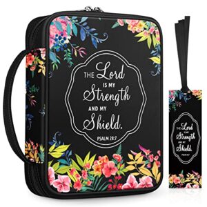 floral bible cover w/a bookmark, finpac carrying book case church bag bible protective with handle and zippered back pocket, perfect gift for girls women mother kids (black)