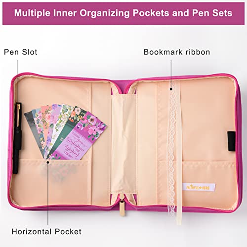 Bible Cover Case for Women with 7 Paper Bookmarks Sets Floral PU Leather Bible Cover Bag with Pockets and Zipper for Standard and Large Size Study Bible 10.8"x7.7"x2" (Purple Floral)