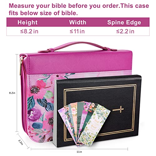 Bible Cover Case for Women with 7 Paper Bookmarks Sets Floral PU Leather Bible Cover Bag with Pockets and Zipper for Standard and Large Size Study Bible 10.8"x7.7"x2" (Purple Floral)