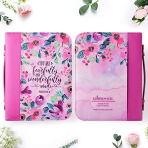 Bible Cover Case for Women with 7 Paper Bookmarks Sets Floral PU Leather Bible Cover Bag with Pockets and Zipper for Standard and Large Size Study Bible 10.8"x7.7"x2" (Purple Floral)