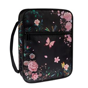 pojagu bible cover, carrying bible book bag church case, floral pattern bible protective with handle and zippered pocket for men women girls, black