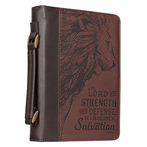 Christian Art Gifts Men's Classic Bible Cover The Lord is My Strength Lion Exodus 15:2, Brown Faux Leather, Medium