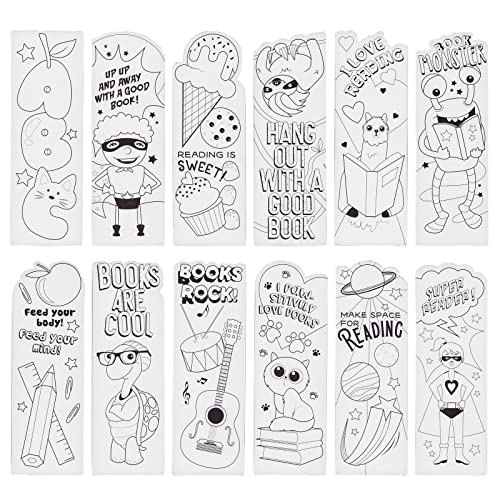 24 Pack Color Your Own Bookmarks for Kids, Students, DIY Classroom Art, 24 Book Worm Designs (2 x 6 in)