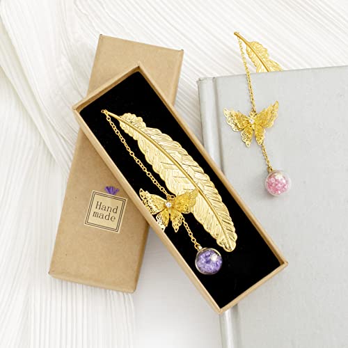 2PCSBookmark Teacher Appreciation Gifts Metal Feather Bookmark with 3D Butterfly Pendant