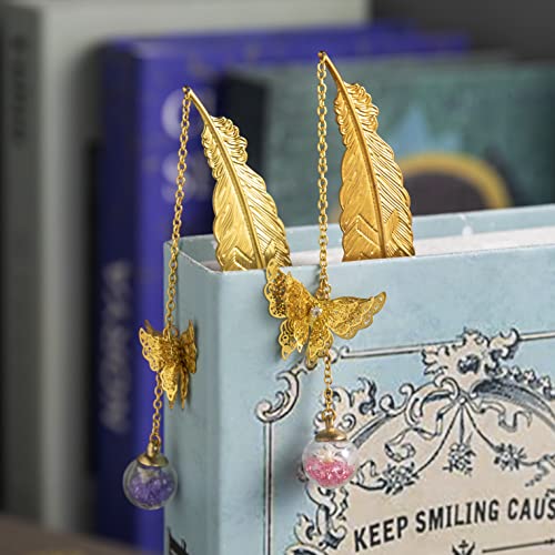 2PCSBookmark Teacher Appreciation Gifts Metal Feather Bookmark with 3D Butterfly Pendant